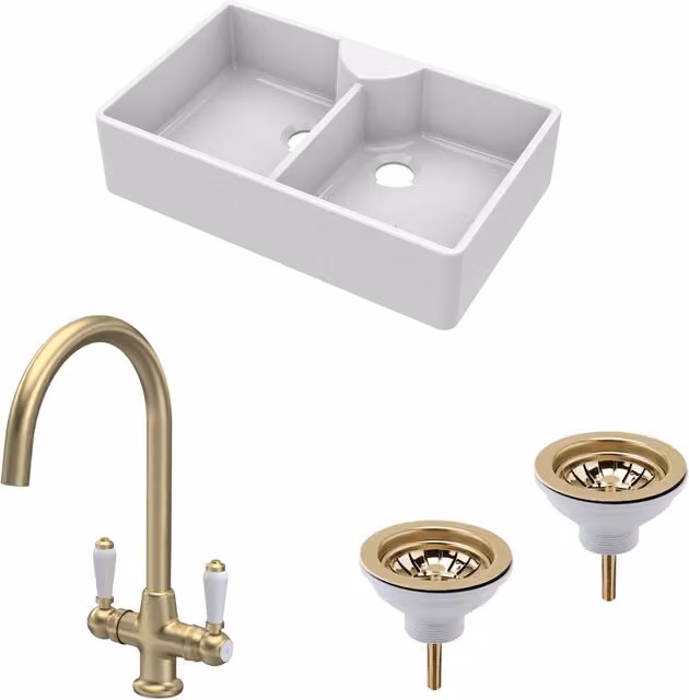 Balterley White Ceramic 2 Bowl Butler Sink with 2 Wastes and Brushed Brass Tap, W: 895 mm – 1