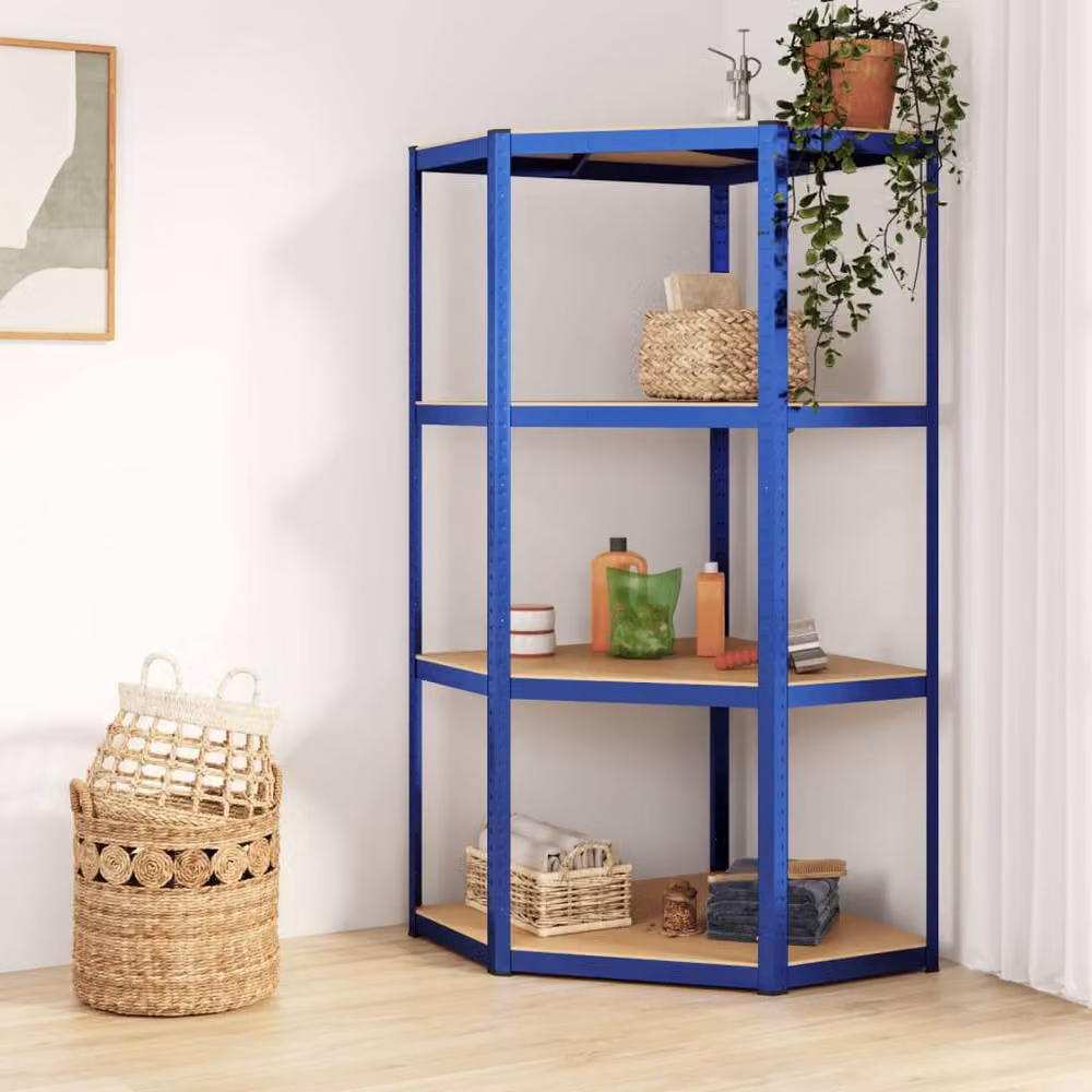 Berkfield Home 4-Layer Corner Shelf in Blue Steel and Engineered Wood, H 160 x W 75 x D 75 cm – 2