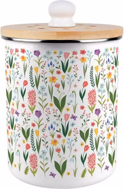 Purely Home Spring Flowers Metal Food Waste Caddy with Flip Lid, 2L, Green and Multicolour
