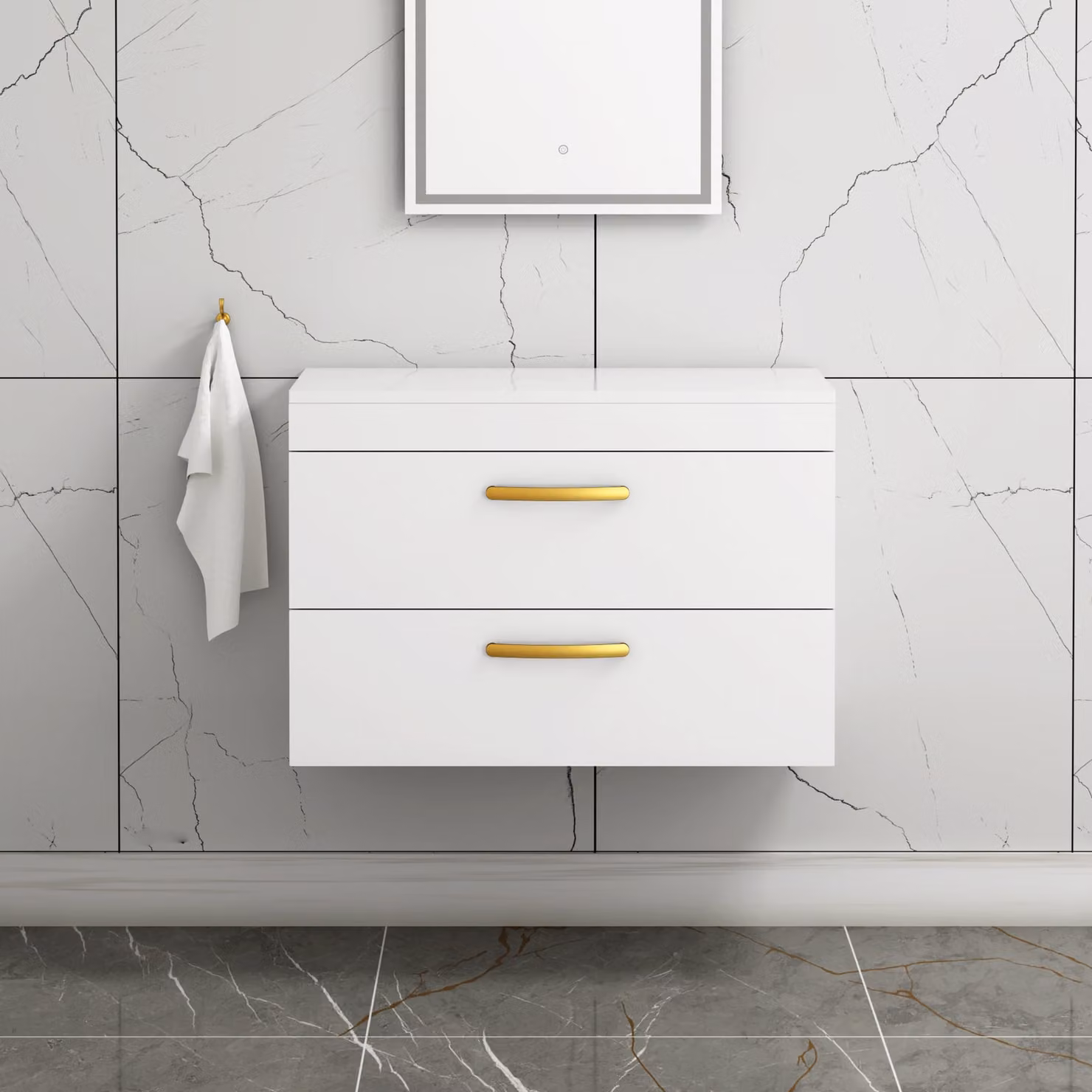 Royal Bathrooms Gloss White Wall Hung 2 Drawer Vanity Unit with Brushed Brass Handles