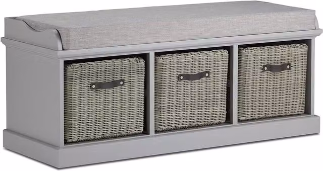 Tetbury Large Bench with Rattan Baskets in Dove Grey, W/D/H: 112 x 40 x 46 cm