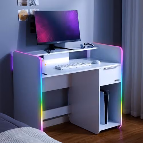 X Rocker Electra LED Gaming Desk with Wireless Charging and Drawer, White