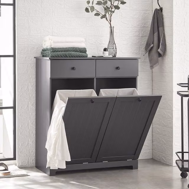 SoBuy Modern Grey Laundry Cabinet with 2 Removable Baskets and Hinged Doors