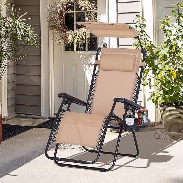 Outsunny Zero Gravity Garden Deck Folding Chair in Beige with Sun Canopy, Adjustable Headrest and Side Tray