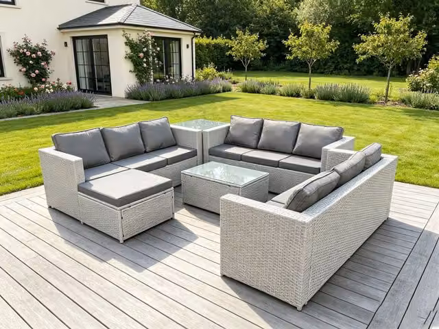 Fimous 10 Seat Grey PE Rattan Garden Furniture Set with Upholstered Cushions and Oblong Coffee Table – 2