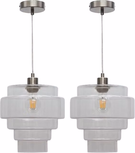 First Choice Lighting Benson Set of 2 Glass and Silver Pendant Lights with Transparent Shades – 1