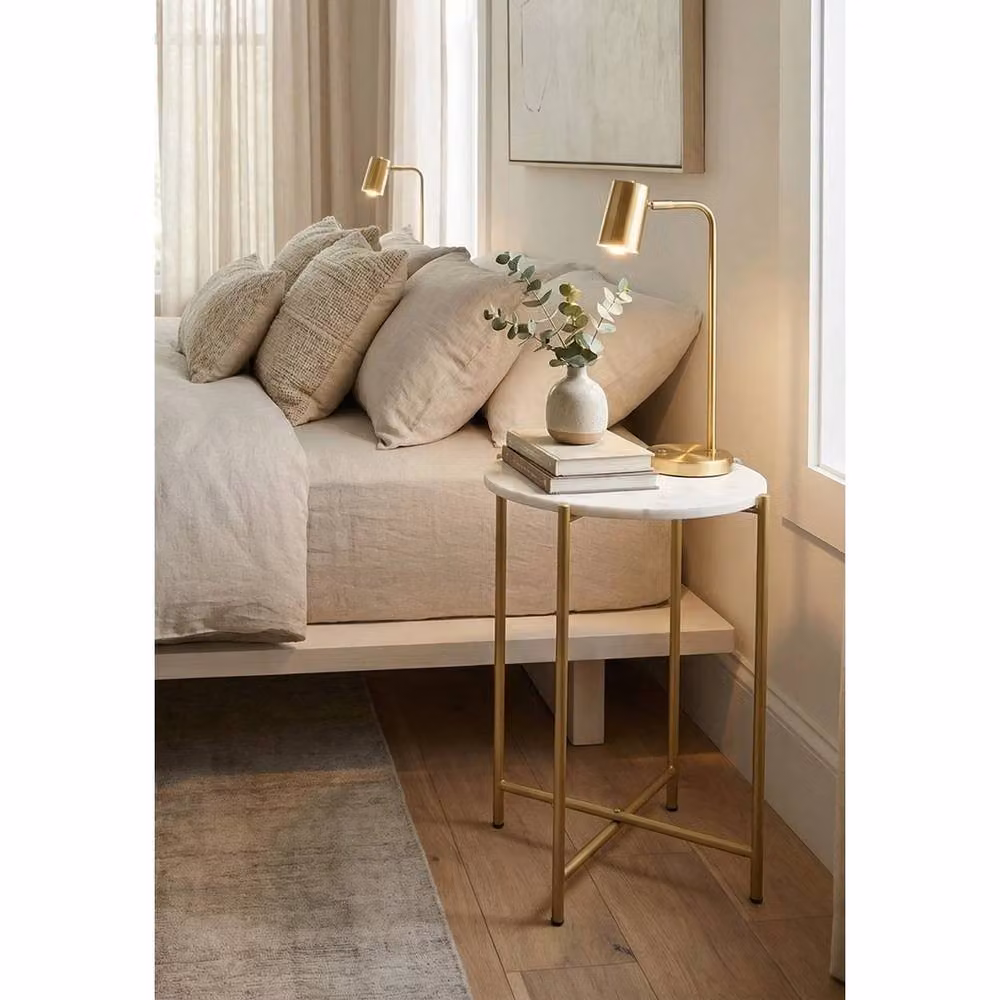 VOGREX Mid-Century Round White Marble Side Table with Gold Metal Base, W/D/H: 38 x 38 x 60 cm – 2