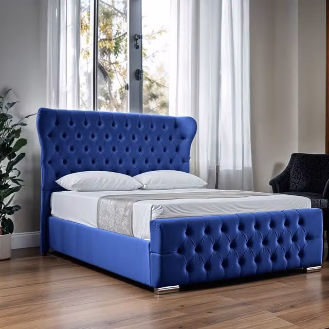 UK Bed Furniture Isabella Blue Velvet Upholstered Slatted Base Bed with 48 Inch Wingback Headboard, W/D/H: 140 x 200 cm