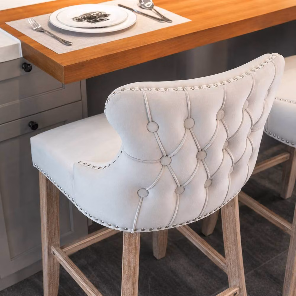 Modern Home Touch Set of 2 Beige Velvet Upholstered Bar Stools with Wood Legs – 3