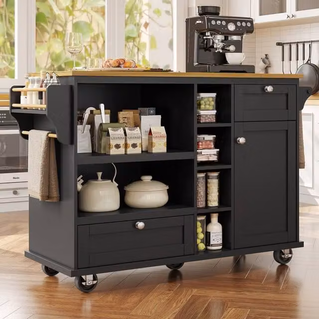 Rolipo Mobile Kitchen Island Trolley with Wood Top and Storage in Black and Brown