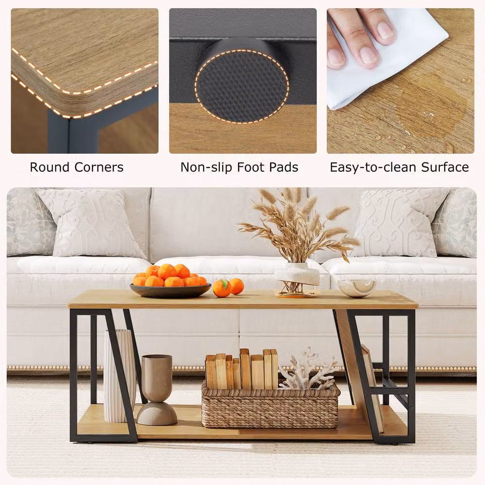 Costway 2-Tier Rectangular Industrial Coffee Table with Shelf in Brown and Natural Wood – 7
