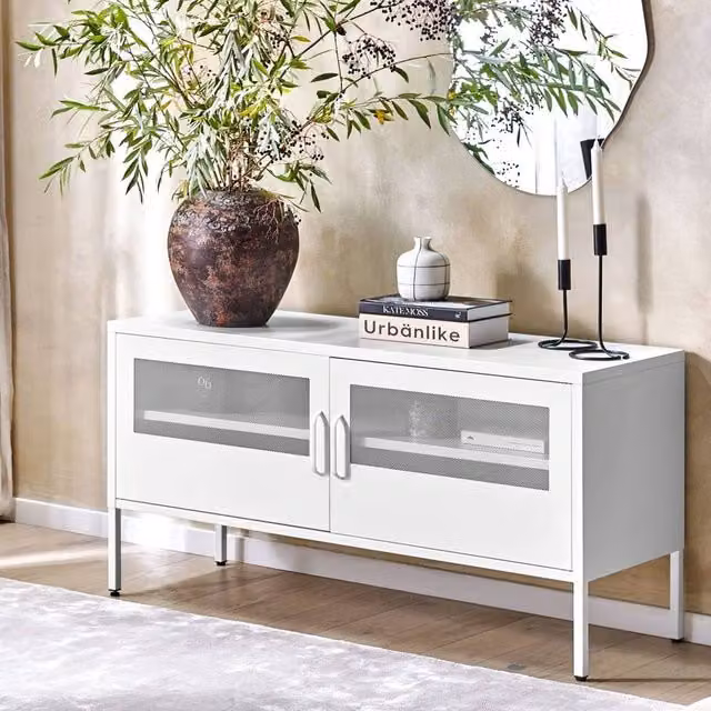 Wyld and Coco White Steel TV Stand with 2 Mesh Doors and Cable Management