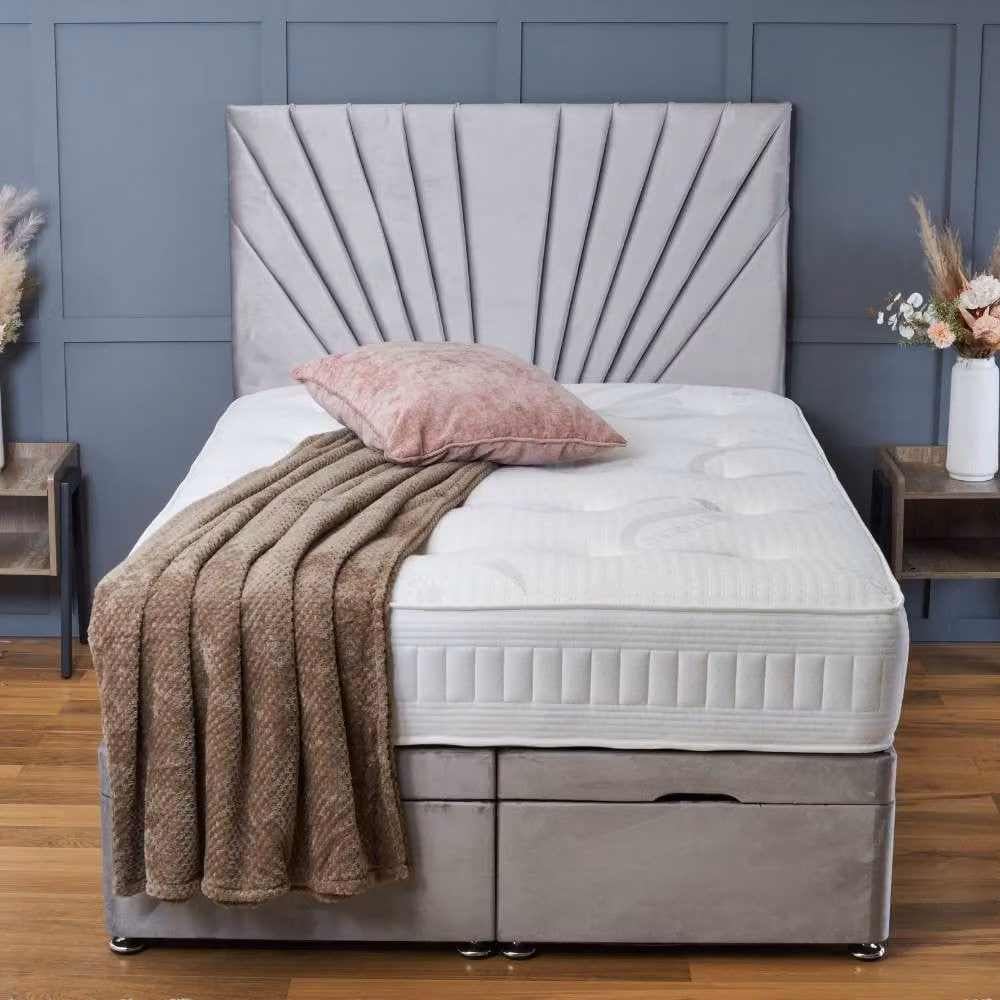BSSPOKE Maria Ottoman Divan Bed with 54 inch Headboard and Mattress in Pink Plush Velvet, Size: Double (W/D: 140 x 200 cm) – 1