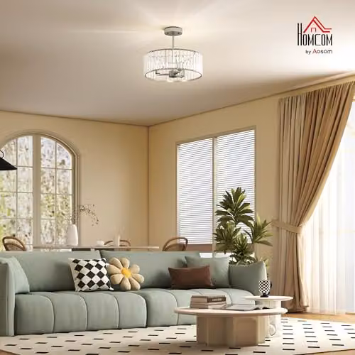 HOMCOM Modern Crystal Semi Flush Mount Ceiling Light in Silver and Transparent – 2