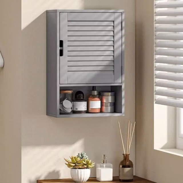 EONLION Grey Lacquered Wall Mounted Bathroom Cabinet with Adjustable Shelves and Hinged Doors – 1