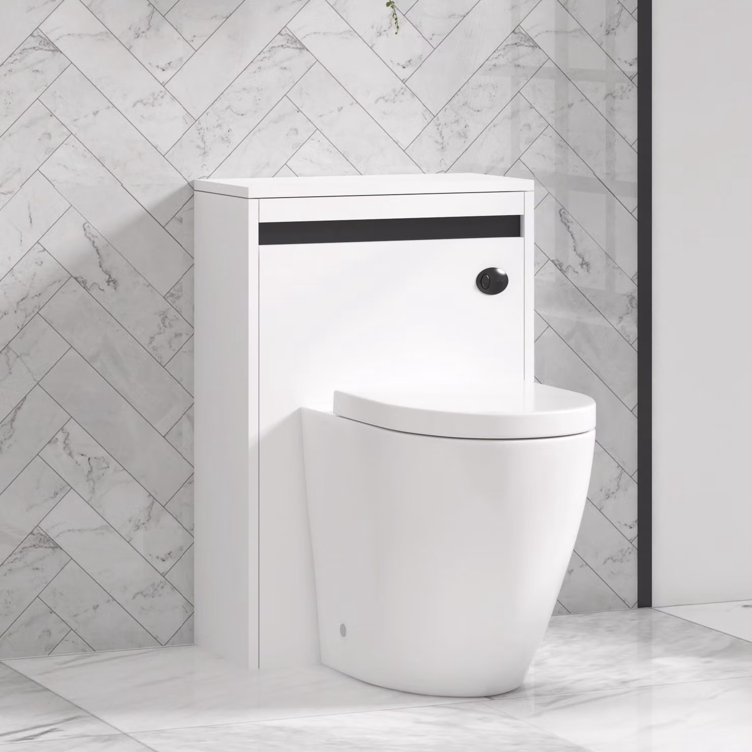 Royal Bathrooms Orion 540mm Matt White Back to Wall WC Unit with Elva Rimless Short Projection Ceramic Toilet Pan, Seat and Cistern with Black Accent Trim
