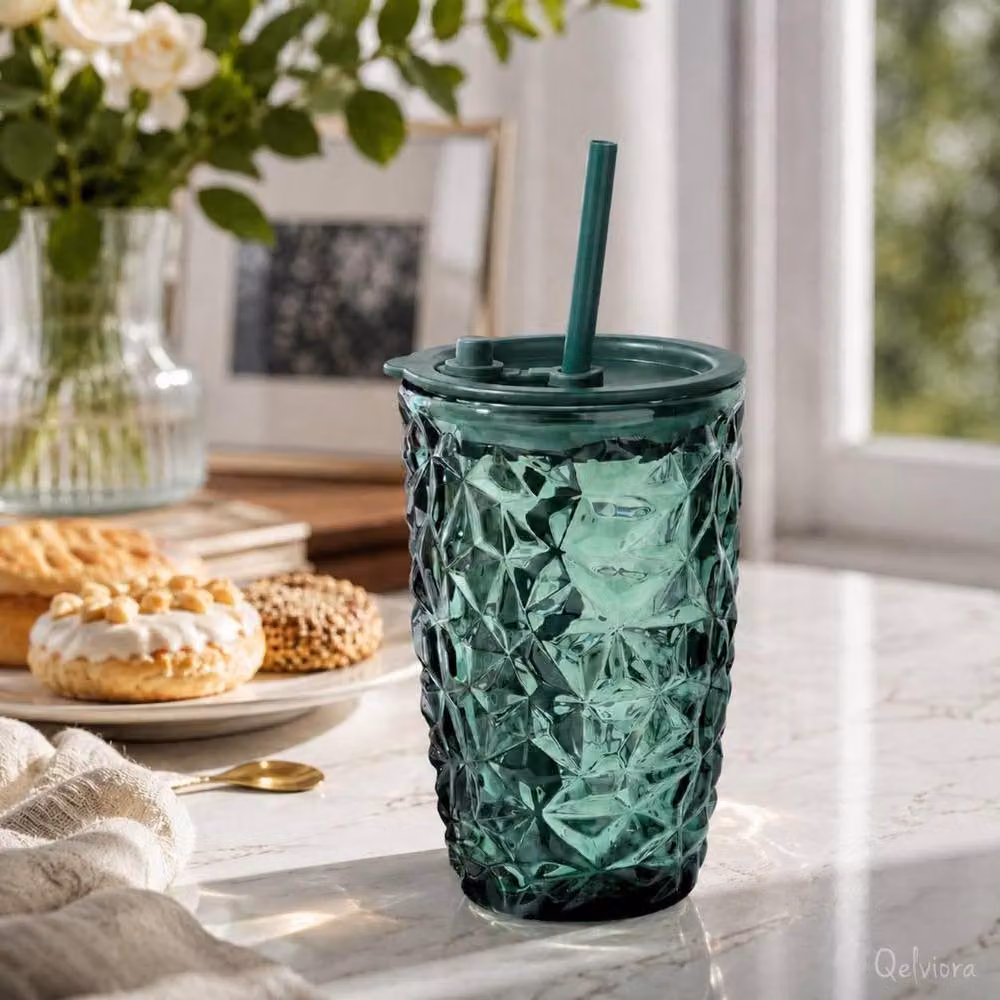 Dyzi Dark Green Borosilicate Glass Tumbler with Lid and Straw, 400ml – 5