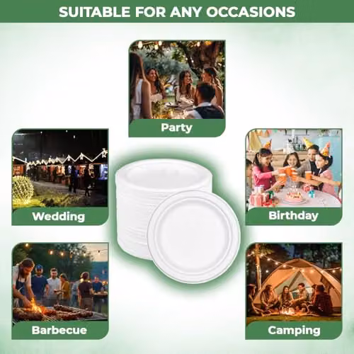 ECONX White Disposable Sugarcane Bagasse Plates, 18 cm Round Biodegradable Compostable Plates for Starters and Desserts, 100 Pack – 5