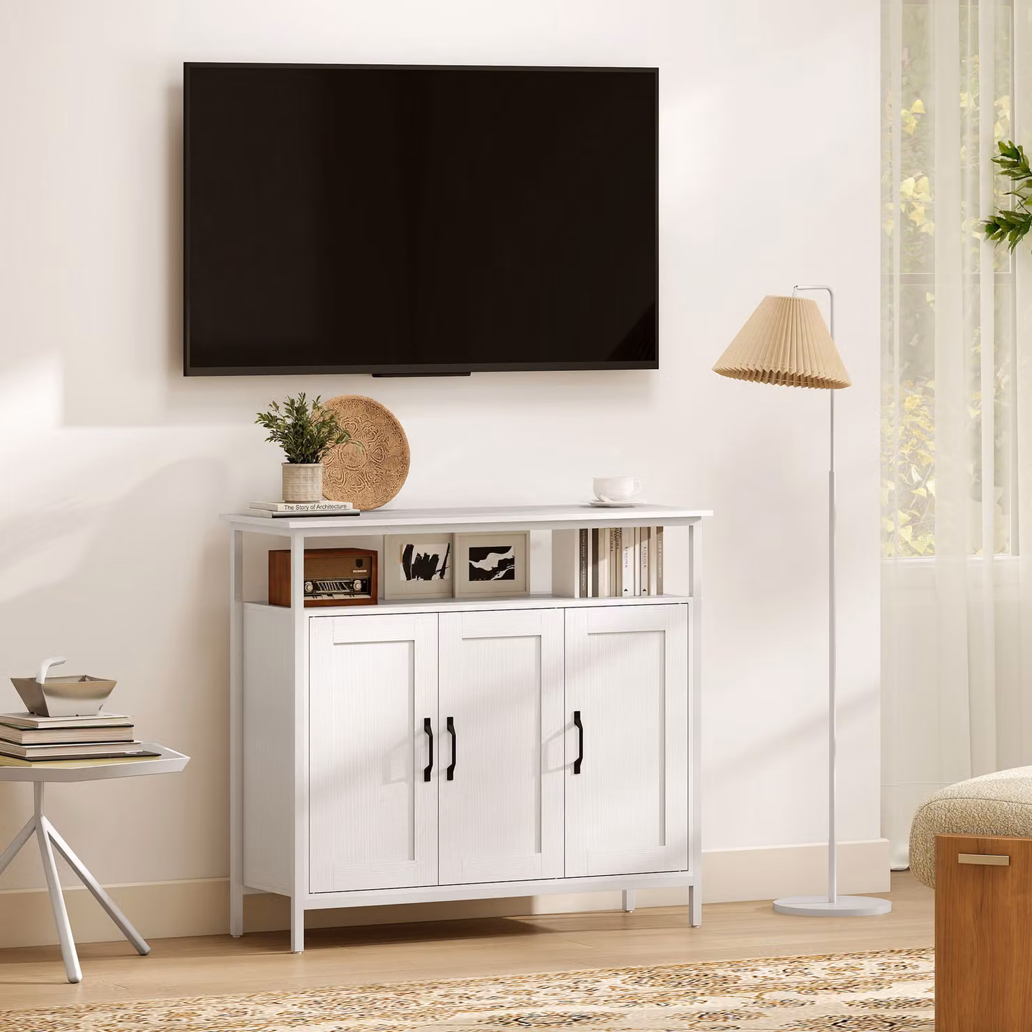 HOMCOM Industrial Kitchen Sideboard in White with Open Shelf, 2 Cabinets and Adjustable Shelves – 6
