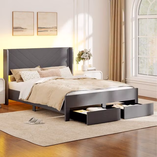 Costway Modern Upholstered Velvet Platform Bed with Under-Bed Lighting in Grey and Silver