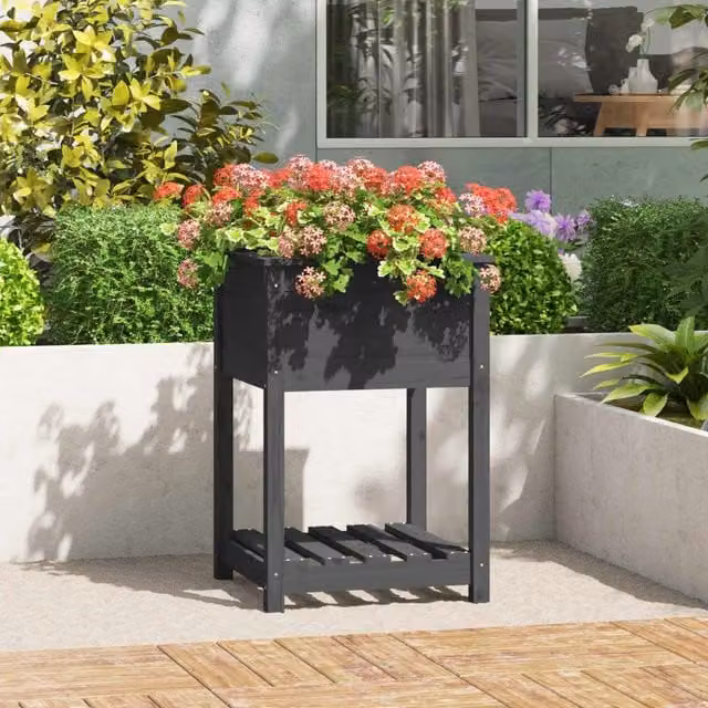 Berkfield Home Grey Rustic Solid Pine Planter with Shelf, W/D/H: 54 x 54 x 81 cm