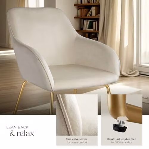 tectake Jeane Set of 4 Dining Chairs with Velvet Look Covers and Gold Metal Frames in Cream – 3
