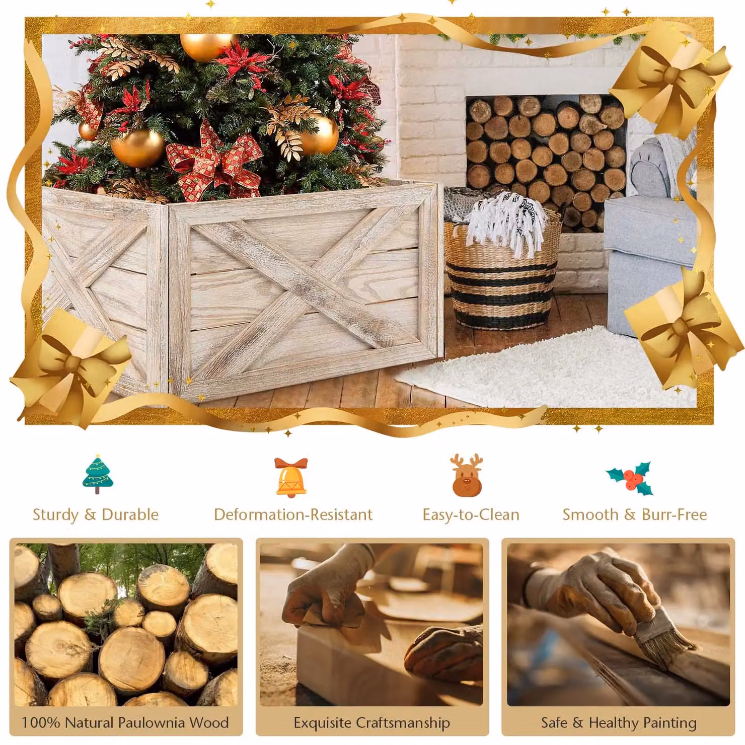 Costway Vintage Solid Wood Christmas Tree Collar Box in Brown with Hook and Loop Fastener – 5