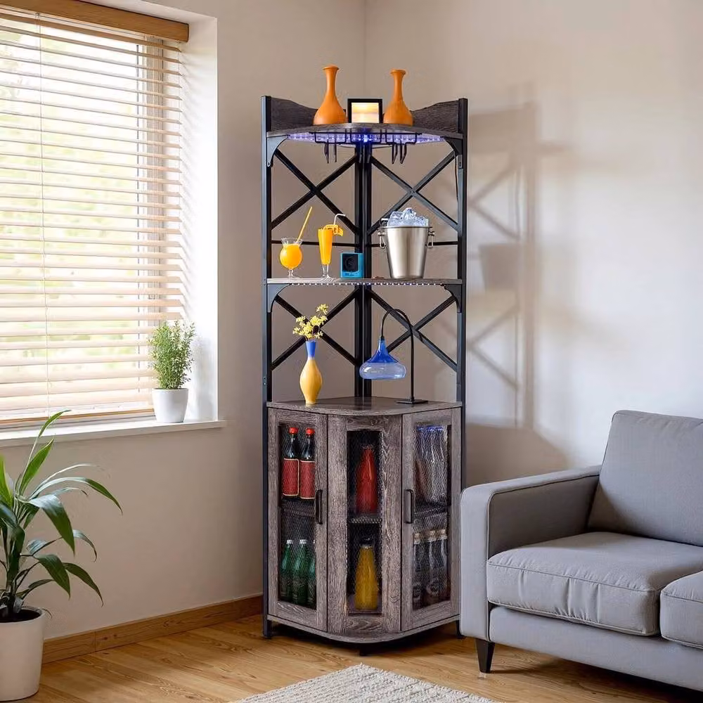 FLAVORA Grey 5 Tier Corner Wine Cabinet with Glass Doors and Integrated Lighting – 3