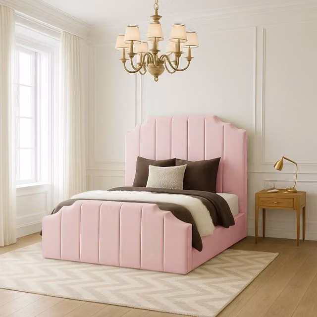 Desire Deco Pink Velvet Upholstered Double Tower Bed Frame, W/D/H: 140 x 200 cm