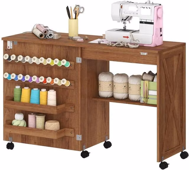 HOMCOM Brown Folding Sewing Craft Table with Storage Compartments and Castors