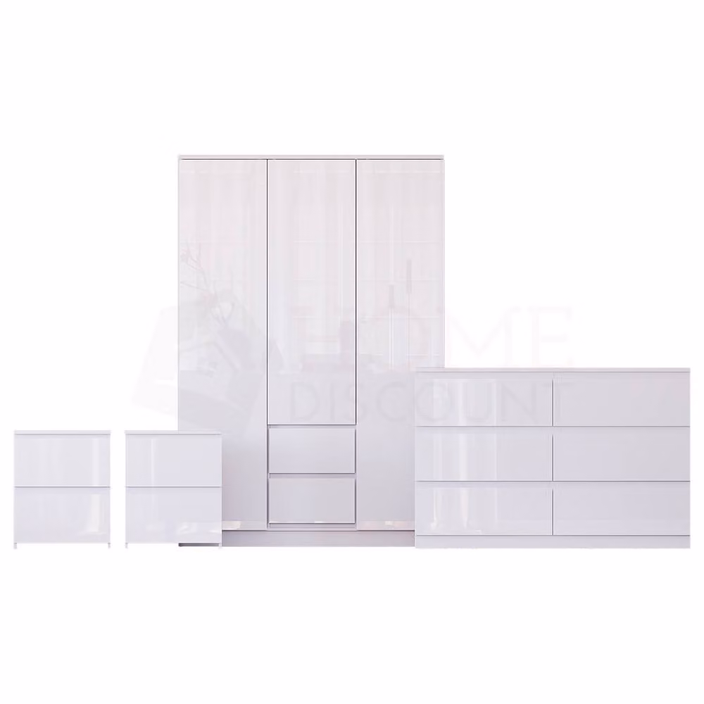 Vida Designs Glinton 4 Piece Modern Glossy White Bedroom Set including 2 Bedside Tables, 8 Drawer Chest and Wardrobe – 2