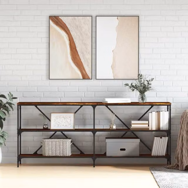 Berkfield Home Industrial Console Table in Smoked Oak and Brown, W/D/H: 180 x 30 x 75 cm
