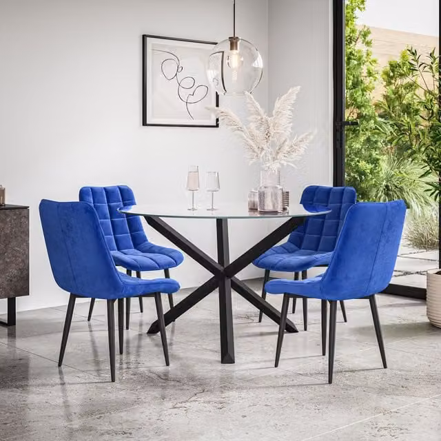More4Homes Malvern Round Dining Table and 4 Nova Blue Velvet Dining Chairs Set with Clear Glass Top and Black Oak Legs, Diameter: 120 cm, Height: 75 cm – 1