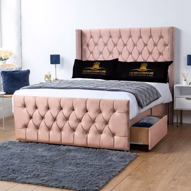 UK Bed Furniture Emily Wingback Divan Bed with 2 Foot End Drawers and 54 Inch Headboard in Pink Velvet, Size: King (W/D: 180 x 200 cm)
