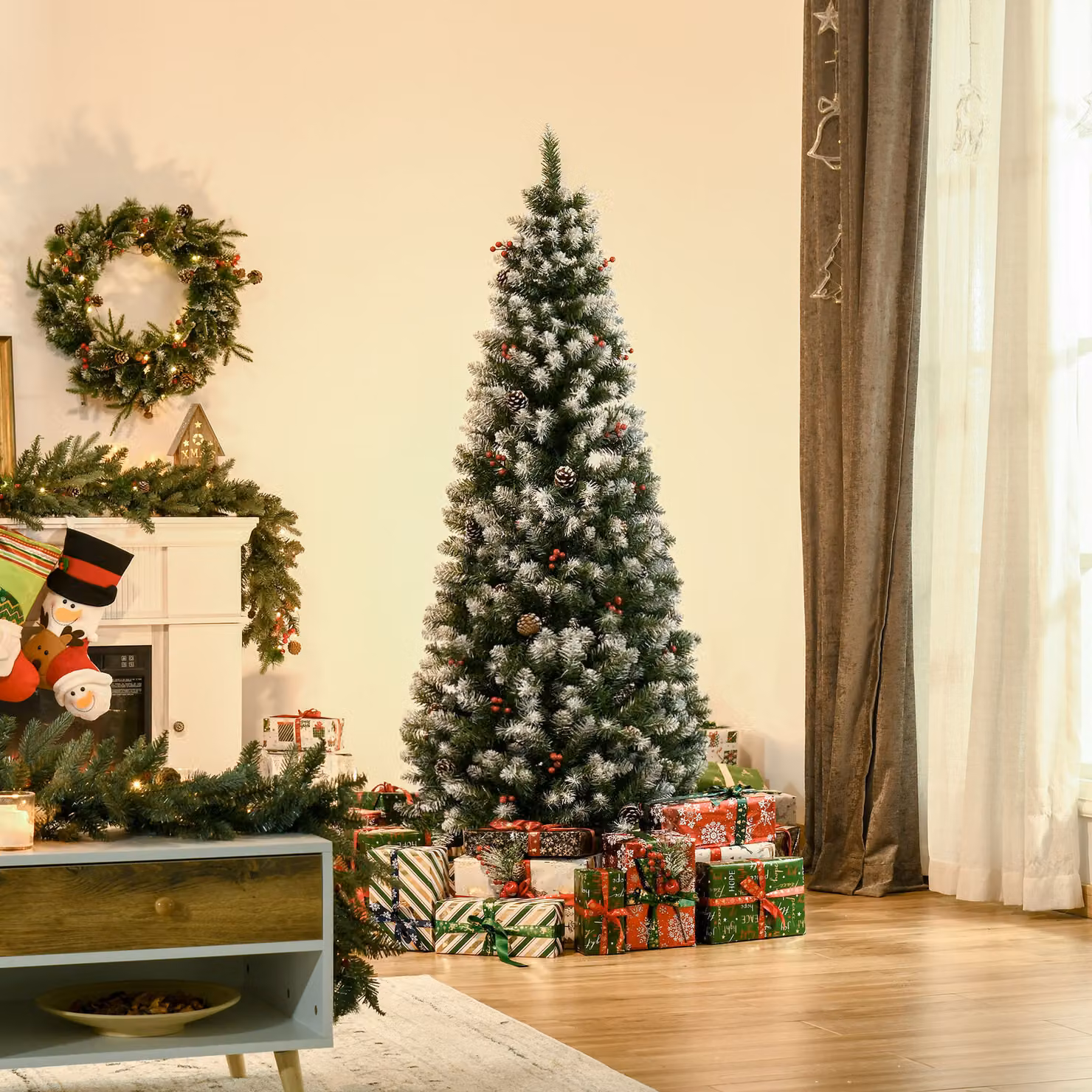 HOMCOM 6ft Prelit Green Christmas Pencil Tree with Red Berries and Pinecones – 2