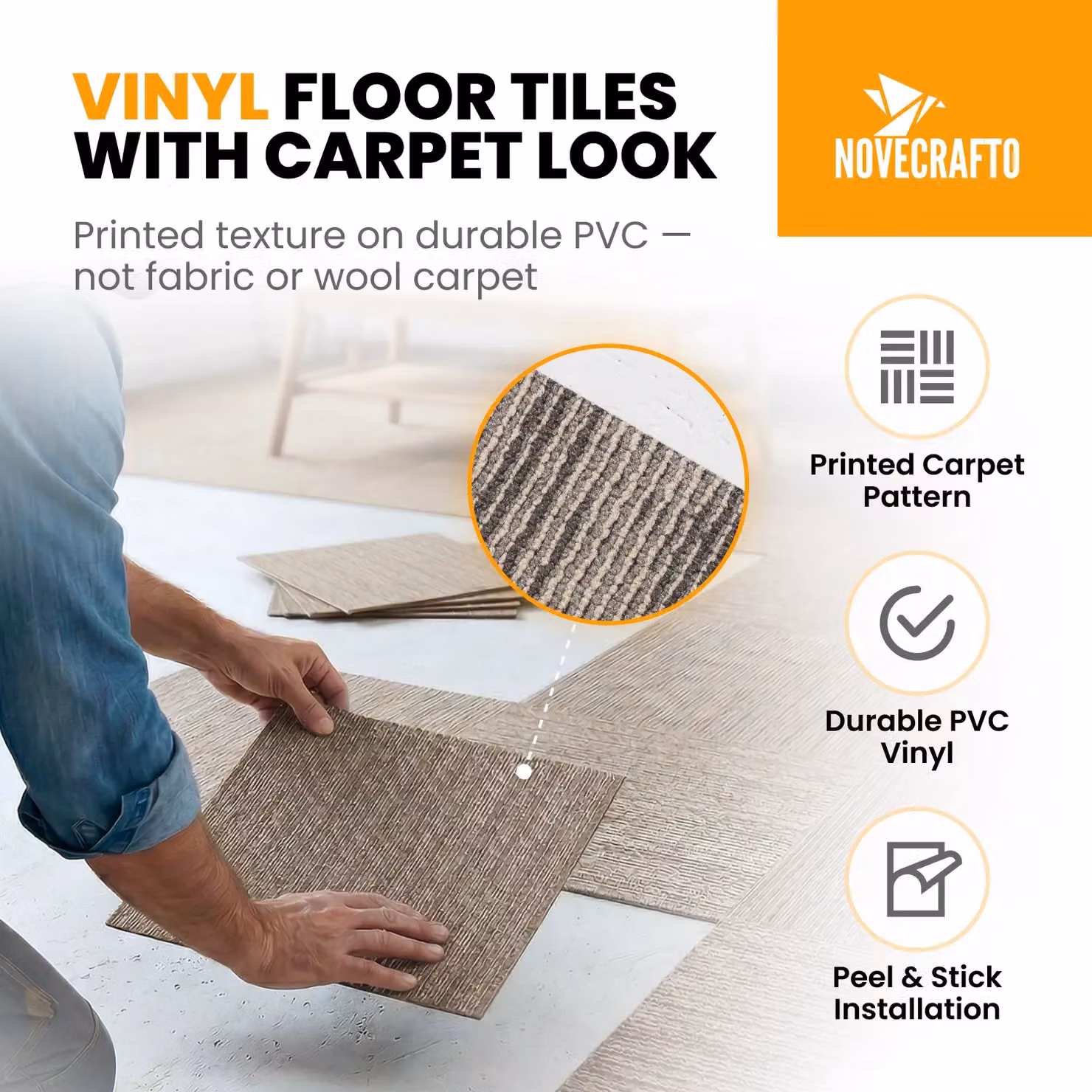 Novecrafto Self-Adhesive Vinyl Floor Tiles, Carpet Effect, Beige, 30 Pack, W/D/H: 30 x 30 x 0.3 cm – 3