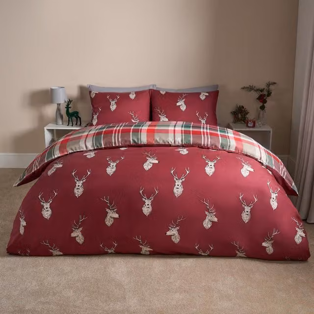 OHS Red Christmas Checked Microfibre Bedding Set, 140 x 200 cm