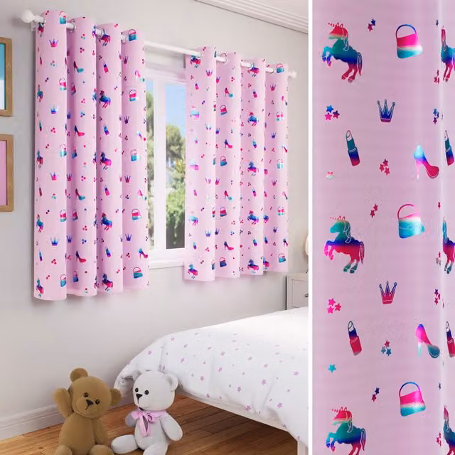 Enhanced Living Charm Pink Thermal Metallic Print Eyelet Curtains, Pair, Pink, Height: 183 cm, Width: 168 cm