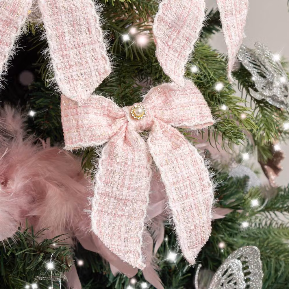 Melody Maison Set of 4 Pink and White Tartan Boucle Jewelled Christmas Bow Hanging Decorations – 3