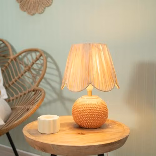 ValueLights Sebby Pair of Peach Ceramic Sphere Table Lamps with Orange Rattan Shades – 2