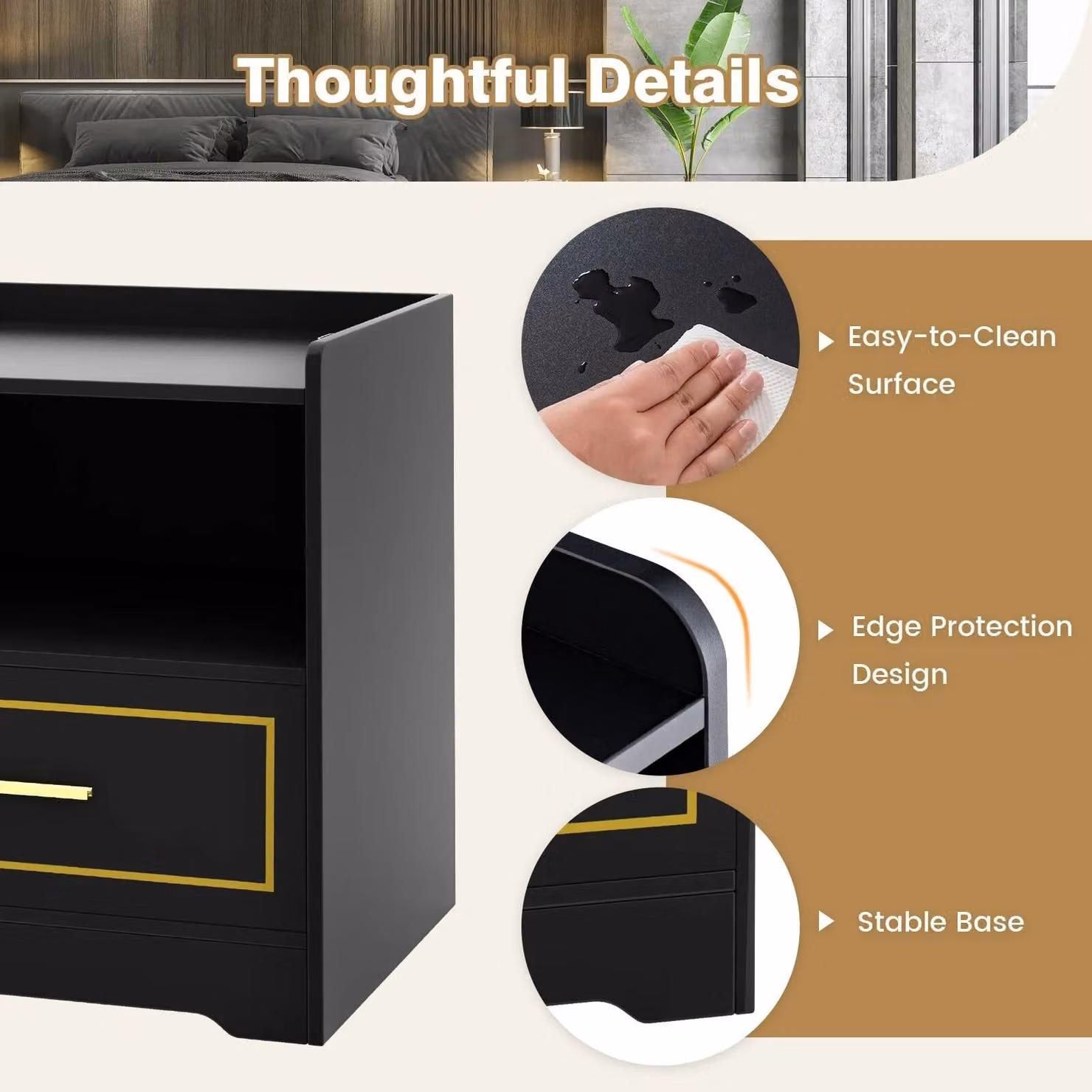 Gymax Smart LED Nightstand with Integrated Lighting and Drawer, Black – 5
