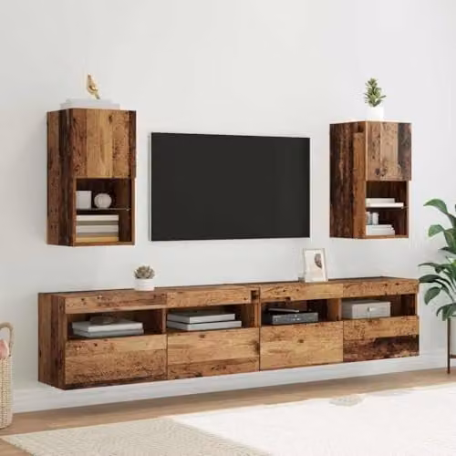 vidaXL Set of 2 Modern Wall-Mounted TV Cabinets in Old Wood Brown with Integrated Lighting and Glass Doors