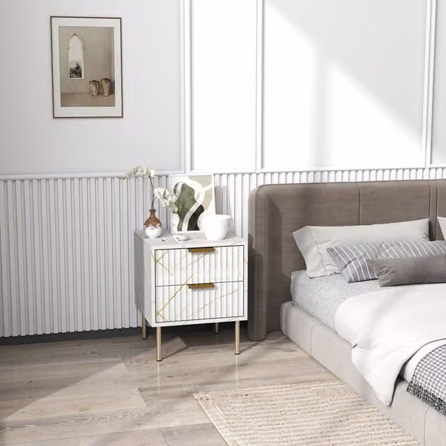 HOMCOM White Marble Pattern Bedside Table with 2 Drawers