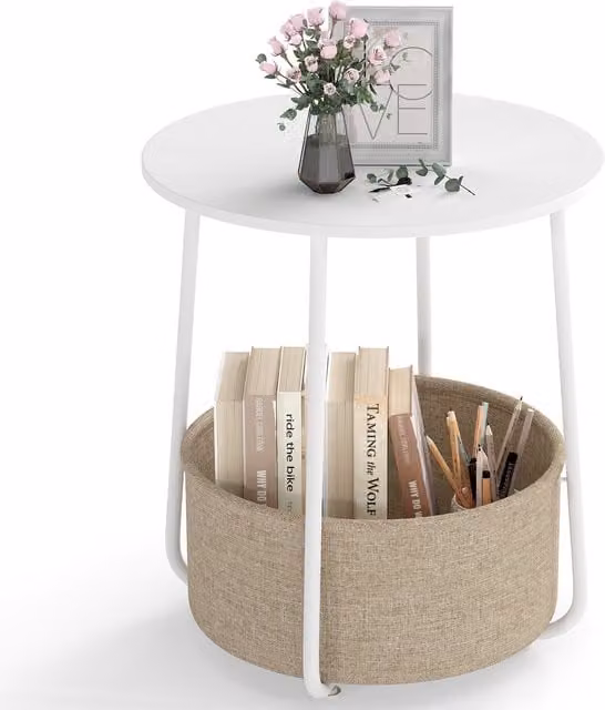 COSTWAY 2-Tier Round Metal Bedside Table in White