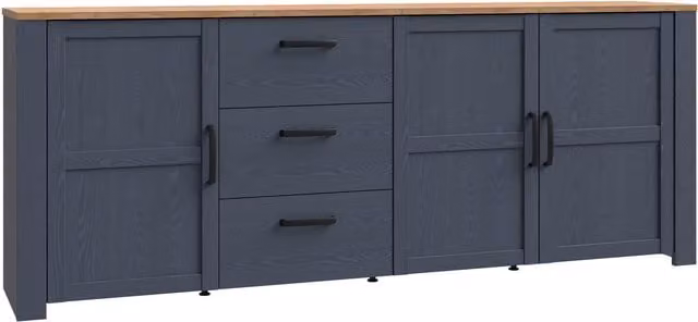 Furniture To Go Bohol Rustic Oak Sideboard in Navy and Black with Soft Close Drawers, Width: 220.8 cm