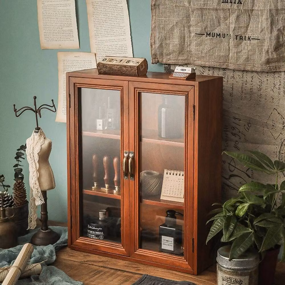 KORVIXA Vintage 3-Tier Brown Wood Storage Cabinet with Glass Hinged Doors, W: 100 cm x D: 45.5 cm x H: 100 cm – 3