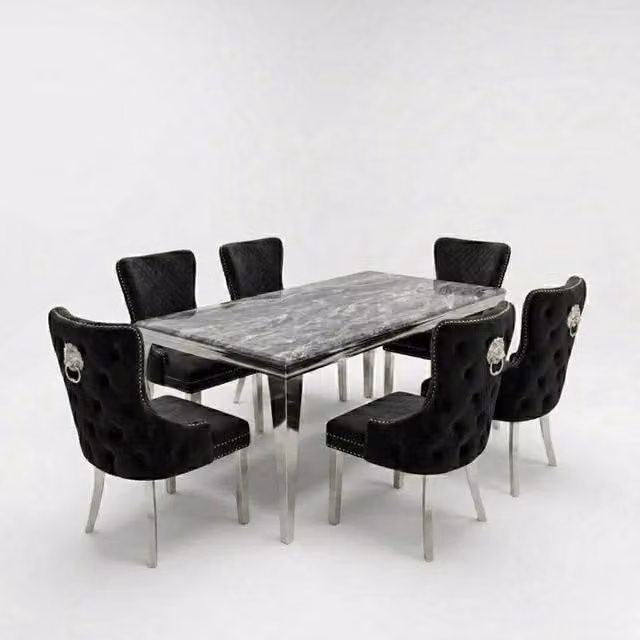 Home Luxe Interior Sofia Grey Marble Dining Table and 6 Victoria Black and Silver Chairs
