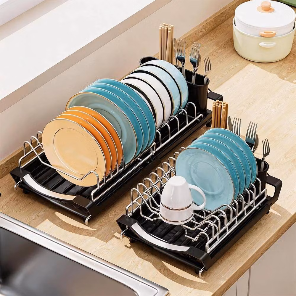 FORGEVIO Black Coated Steel Rectangular Dishware Drying Rack with Drip Tray – 5