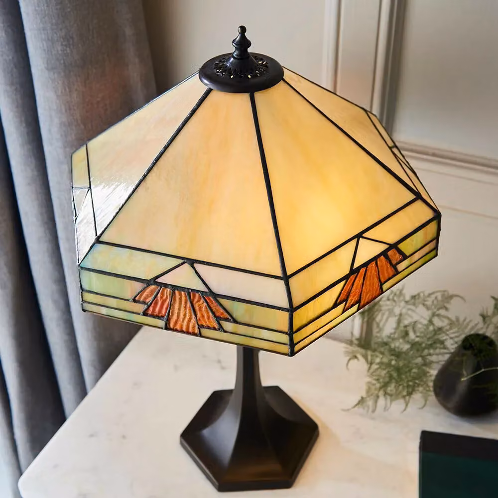 Loops Medium Tiffany Glass Table Lamp with Art Deco Design in Dark Bronze and Clear Glass – 3