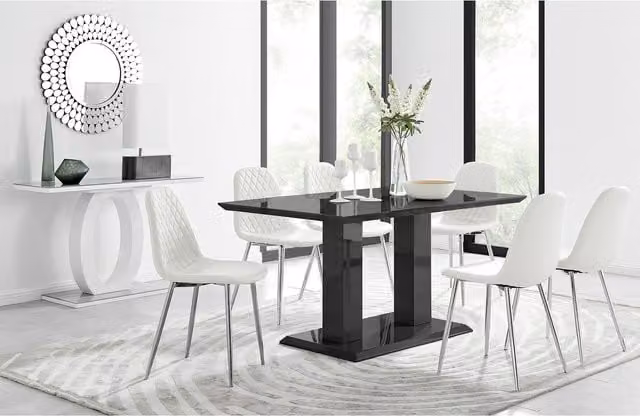 FurnitureboxUK Imperia Black Glossy Glass Dining Table and 6 Corona Silver Leg Chairs in White